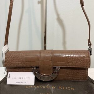 Charles & Keith Croc-Embossed Crossbody Bag in Brown Faux Leather & Dust Bag